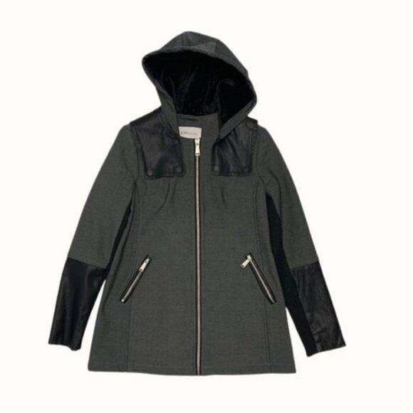 BCBGeneration Grey and Black Faux Leather Hooded Women's Jacket Sz Small - Picture 1 of 14